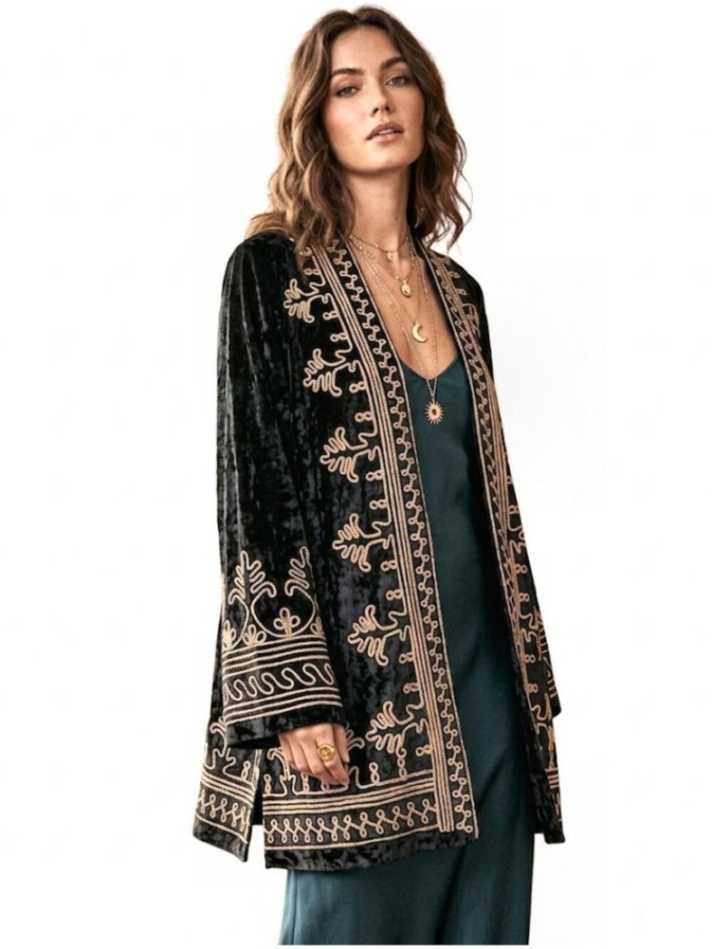 4SI3NNA Velvet Embroidered Open Front Kimono Jacket, Black, Womens Size Small